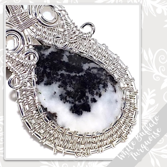 White Buffalo Turquoise Silver Artisan Wire Wrap Pendant 2” (Black, White) - Picture 2 of 2